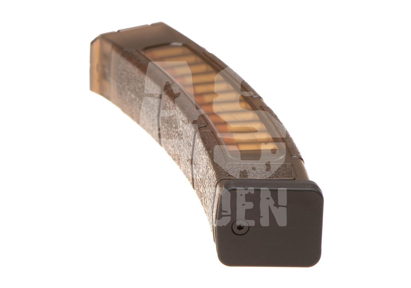 Transparente Airsoft-MP-Magazin mit sichtbaren Kugeln im Inneren, gebogener Form und strukturiertem Gehäuse.