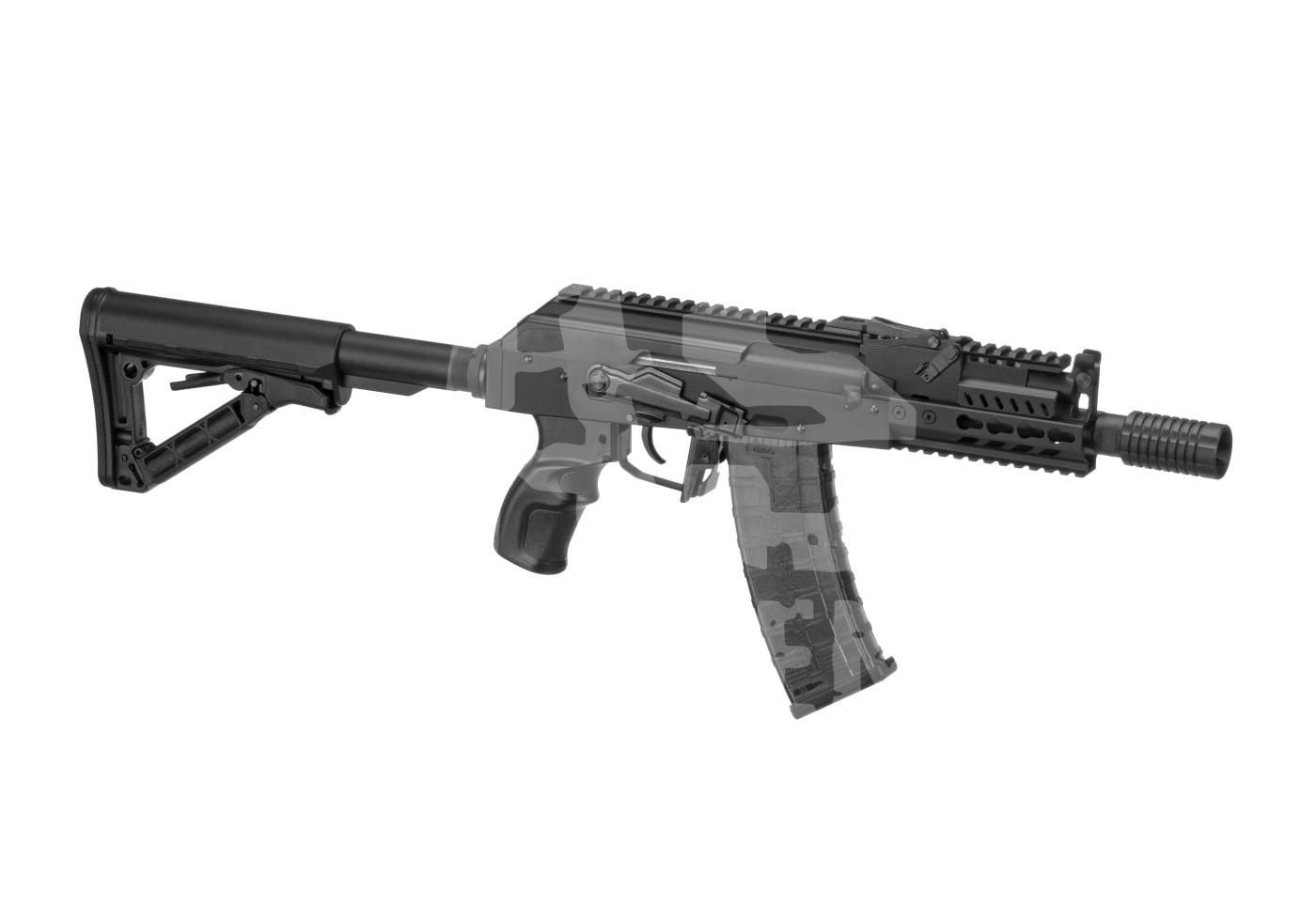 Airsoft-Gewehr mit Camouflage-Muster, verstellbarer Schulterstütze und taktischem Griff.