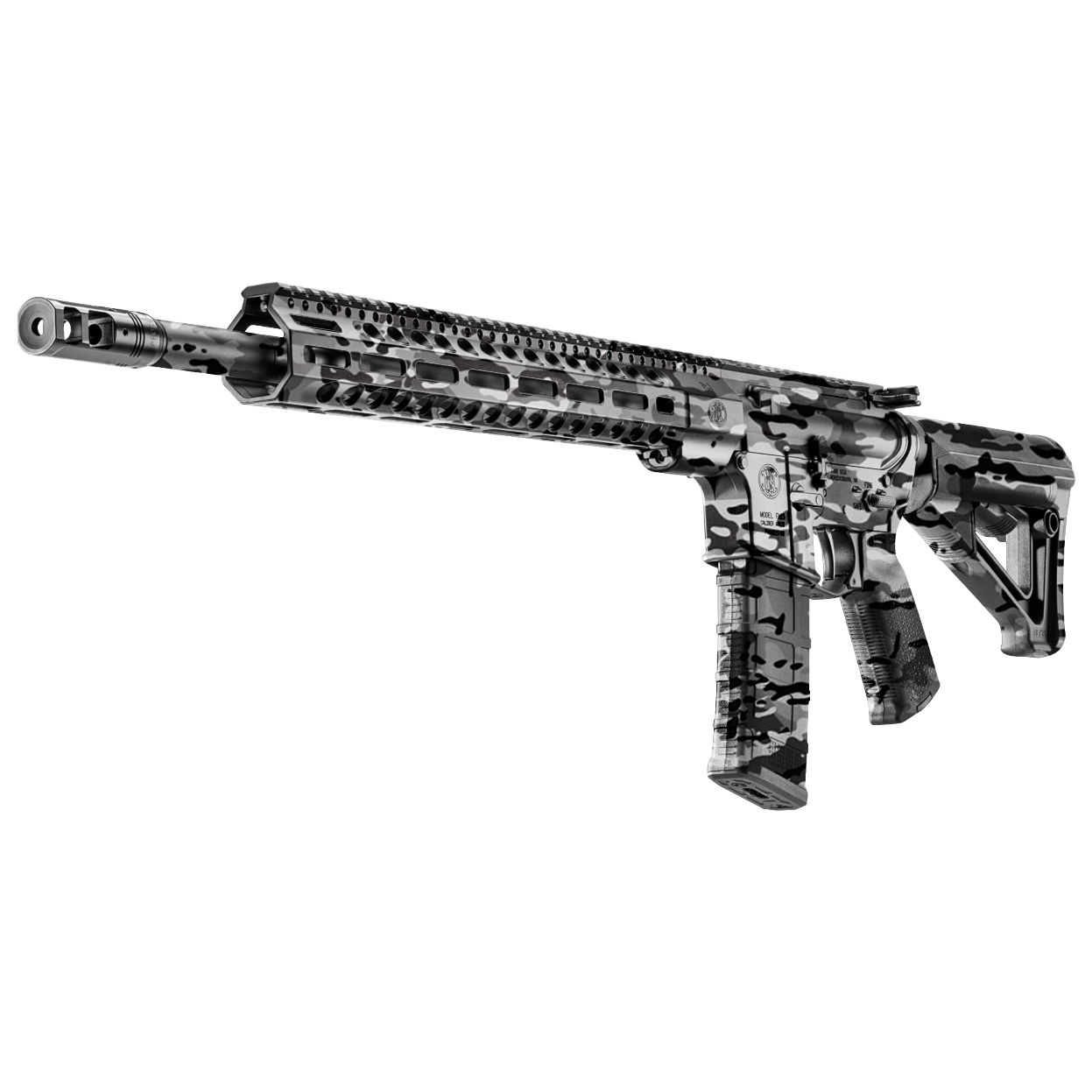 Airsoft-Gewehr mit schwarz-weißem Tarnmuster, taktisches Design, langem Lauf und Mündungsbremse.