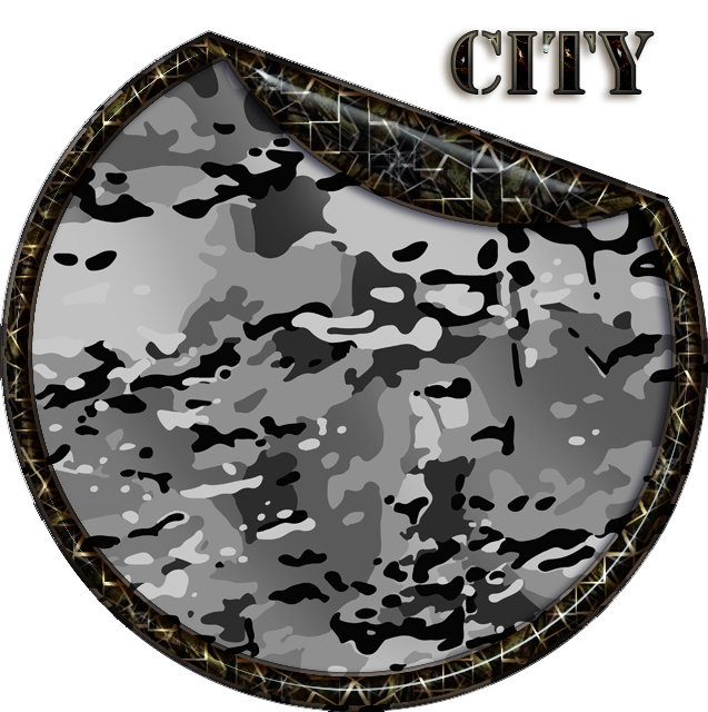 Graues Tarnmuster mit schwarz-weißen Kontrasten, "City"-Schriftzug oben rechts.