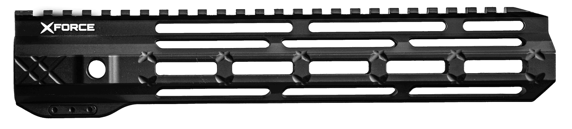 Schwarze Airsoft-Handschutzschiene mit Logo und länglichen Löchern für Zubehörbefestigung.