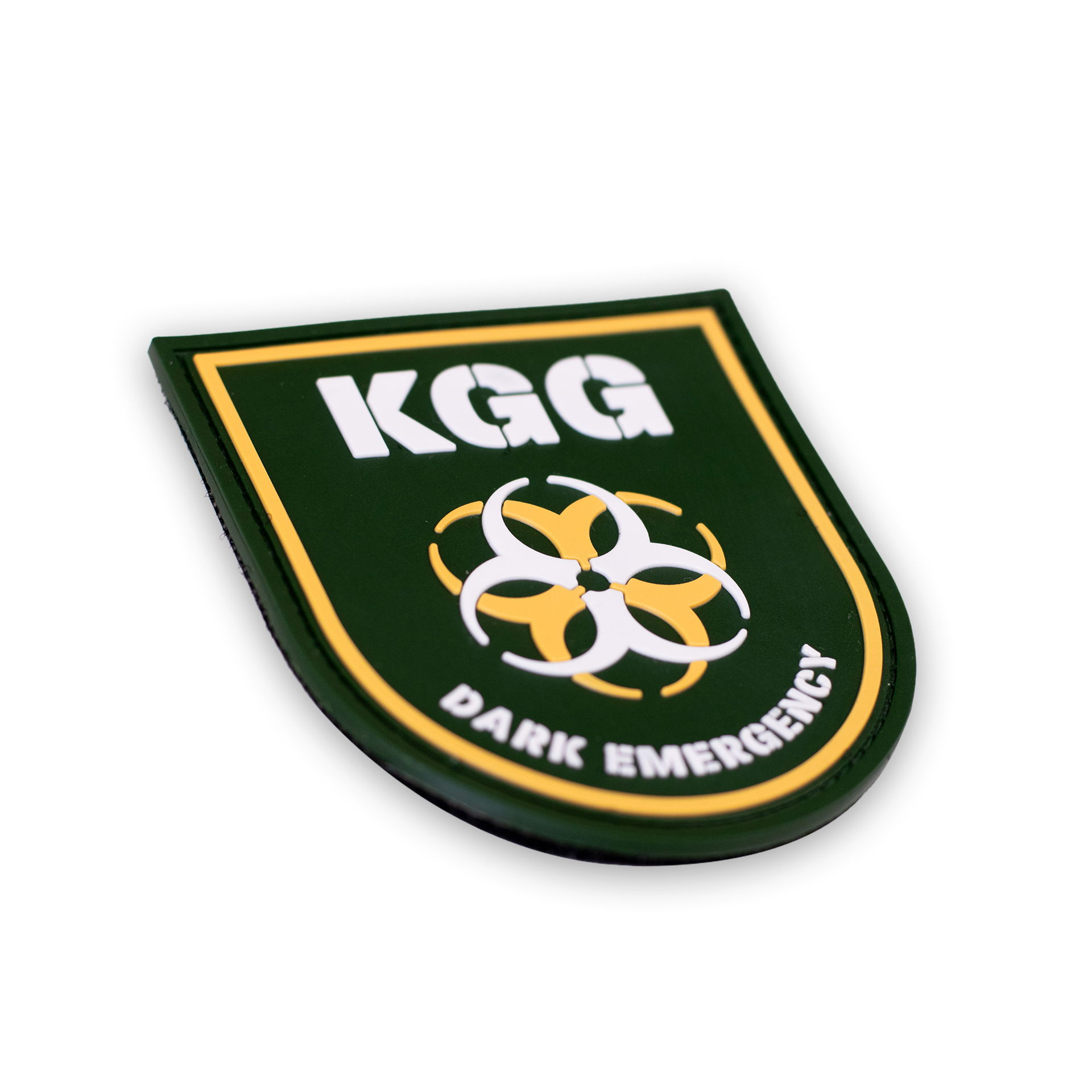 Grüner Airsoft-Patch mit "KGG" und "Dark Emergency" Text, Biogefahr-Symbol in Gelb und Weiß.