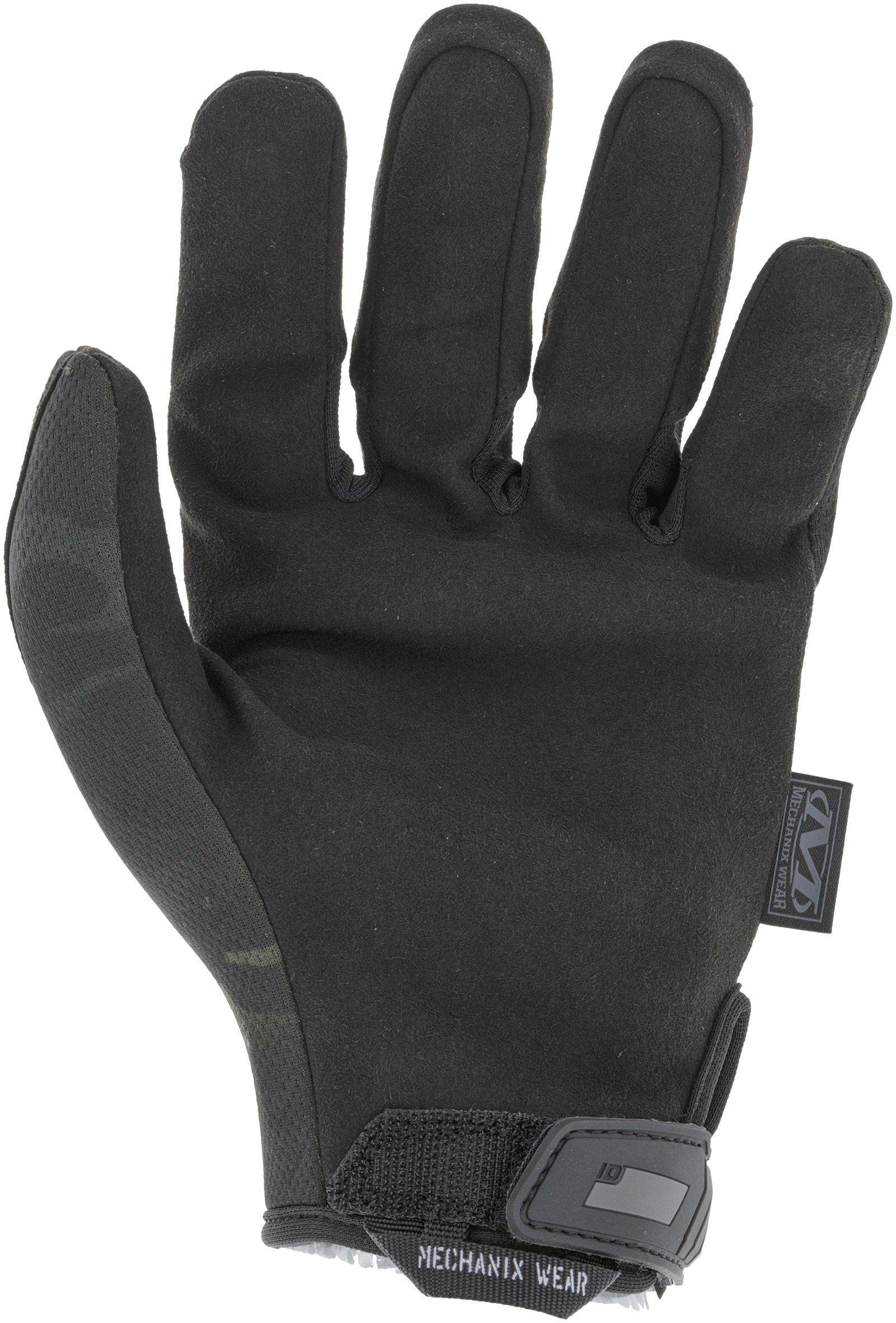 Schwarzer Mechanix-Handschuh für Airsoft mit Klettverschluss und verstärktem Handrücken.