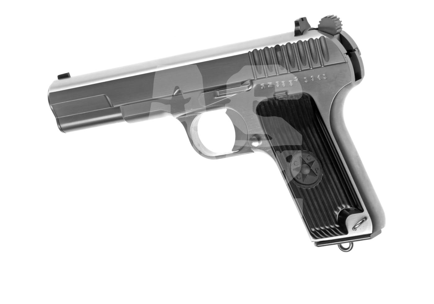 Silberne Airsoft-Pistole im Profilansicht, klassisches Design, strukturiertes Griffstück.