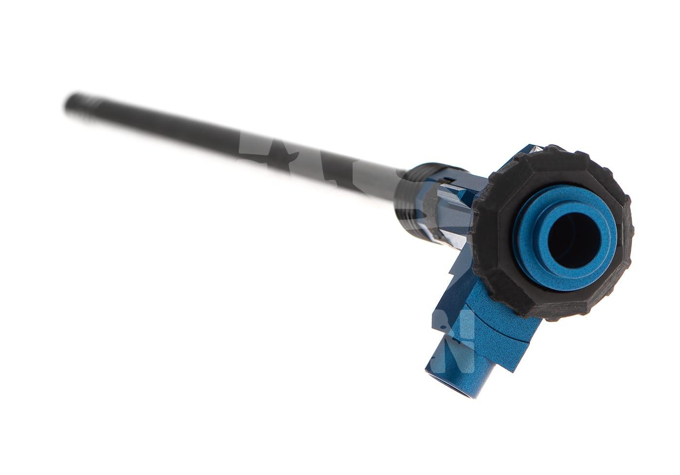 Airsoft Präzisionslauf mit blauem Hop-Up-System, Nahaufnahme.