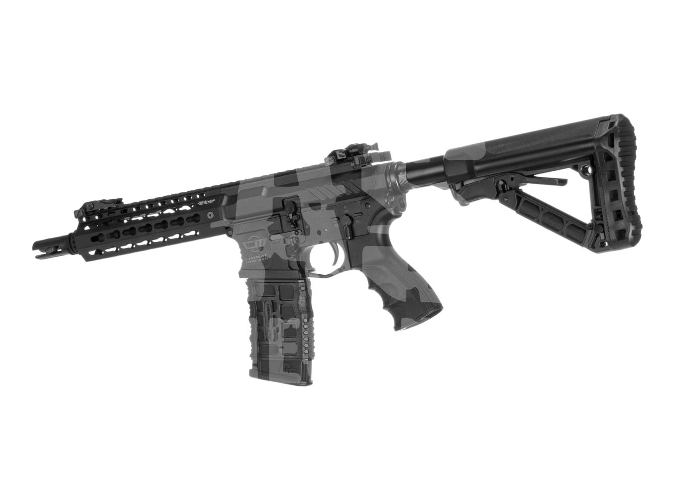 G&G CM16 E.T.U. SRS 0.5J - ab 16 Jahren Schwarzes Airsoft-Gewehr mit verstellbarem Schaft und taktischer Schiene.
