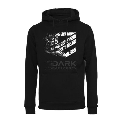 Schwarzer Hoodie mit abstraktem weißem Muster und dem Text "Dark Emergency" auf der Vorderseite.