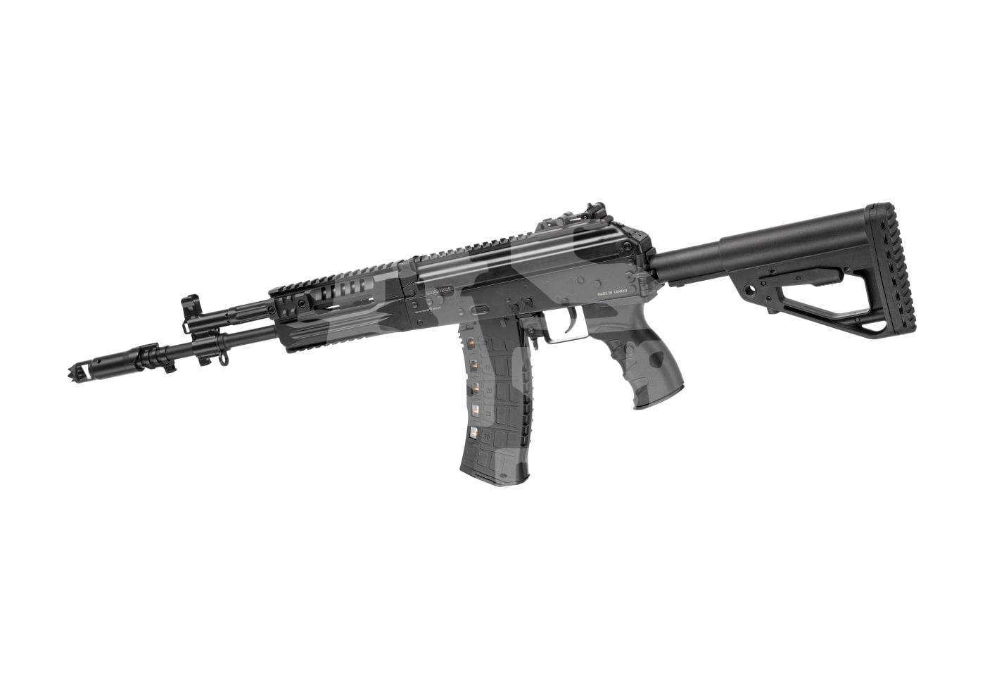 Airsoft-Sturmgewehr mit schwarzem Klappschaft und taktischen Elementen, seitliche Ansicht.