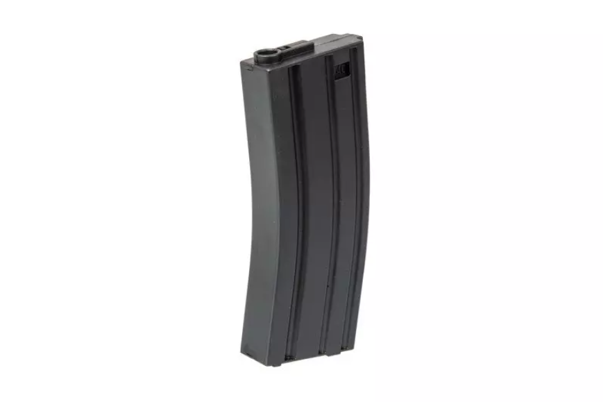 Schwarzes Airsoft-Magazin für Gewehre, gebogene Form, seitliche Ansicht.