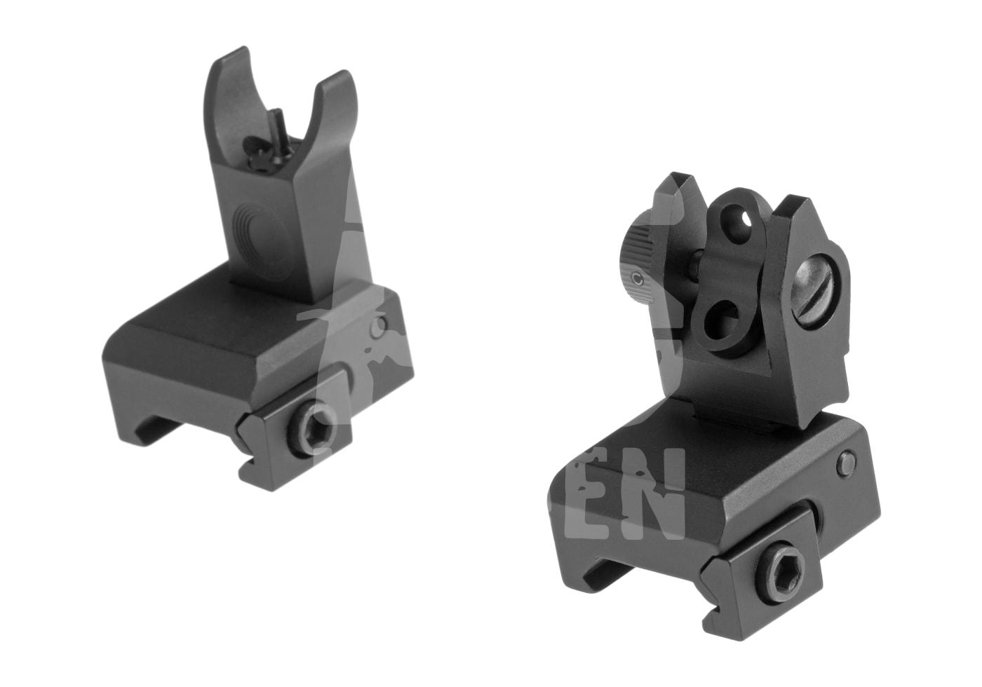 Zwei klappbare Airsoft-Visiere, schwarz, für präziseres Zielen.