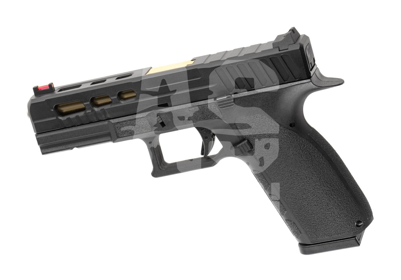 KJ Works KP-13 Custom Metal Version GBB - ab 18 Jahren Airsoft-Pistole, schwarze Optik, taktisches Design mit perforiertem Schlitten.