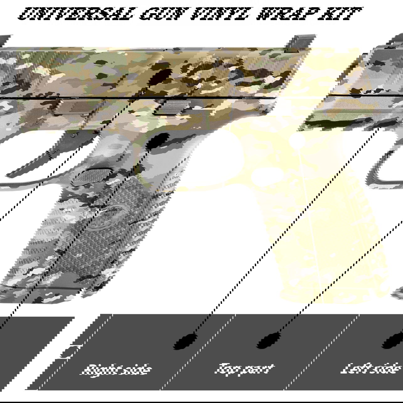 Vinyl-Wrap-Kit für Airsoft-Pistole in Tarnmuster, Ansichten von rechter, linker und oberer Seite.