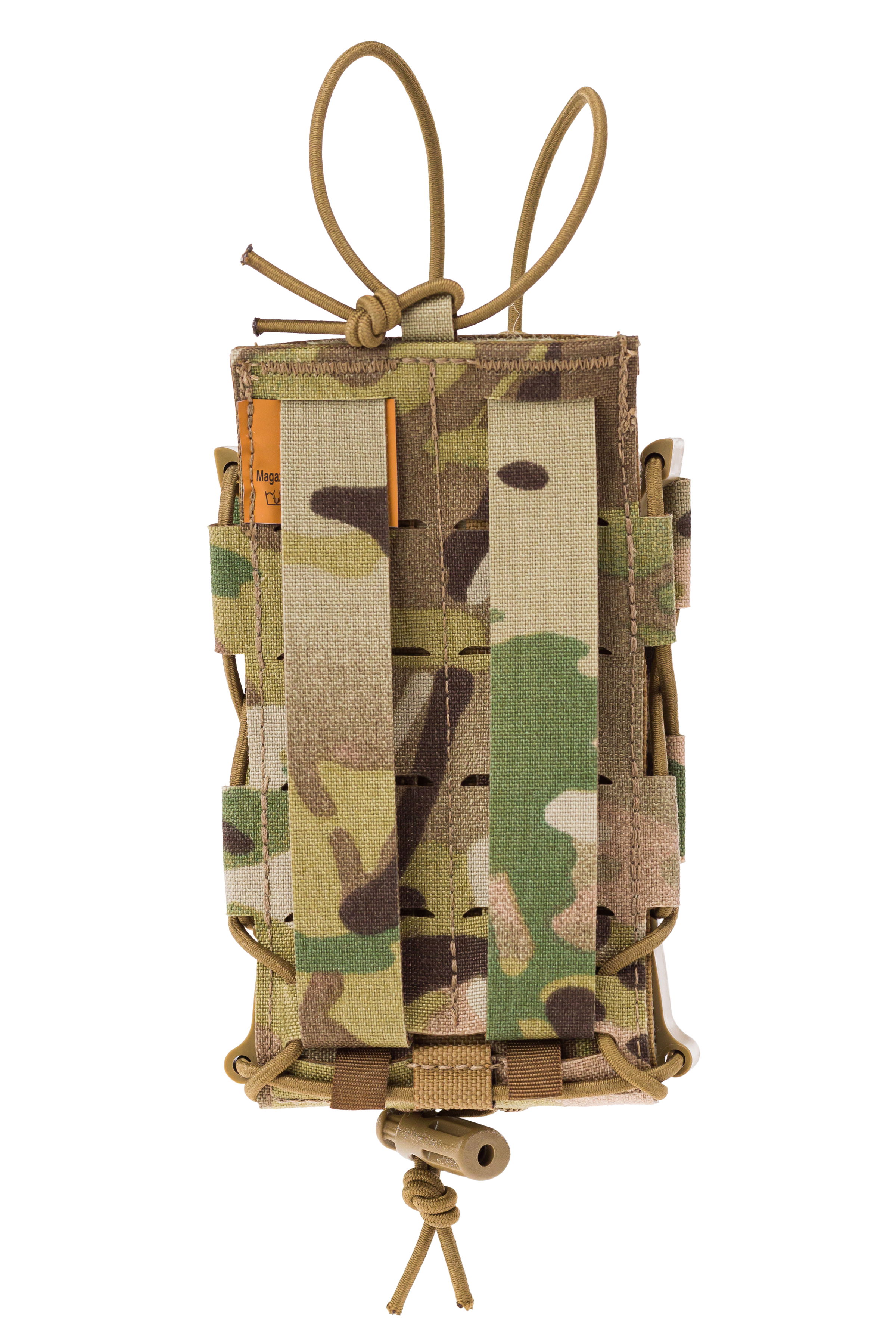 Taktische Magazintasche in Tarnmuster mit elastischen Befestigungsschlaufen für Airsoft.