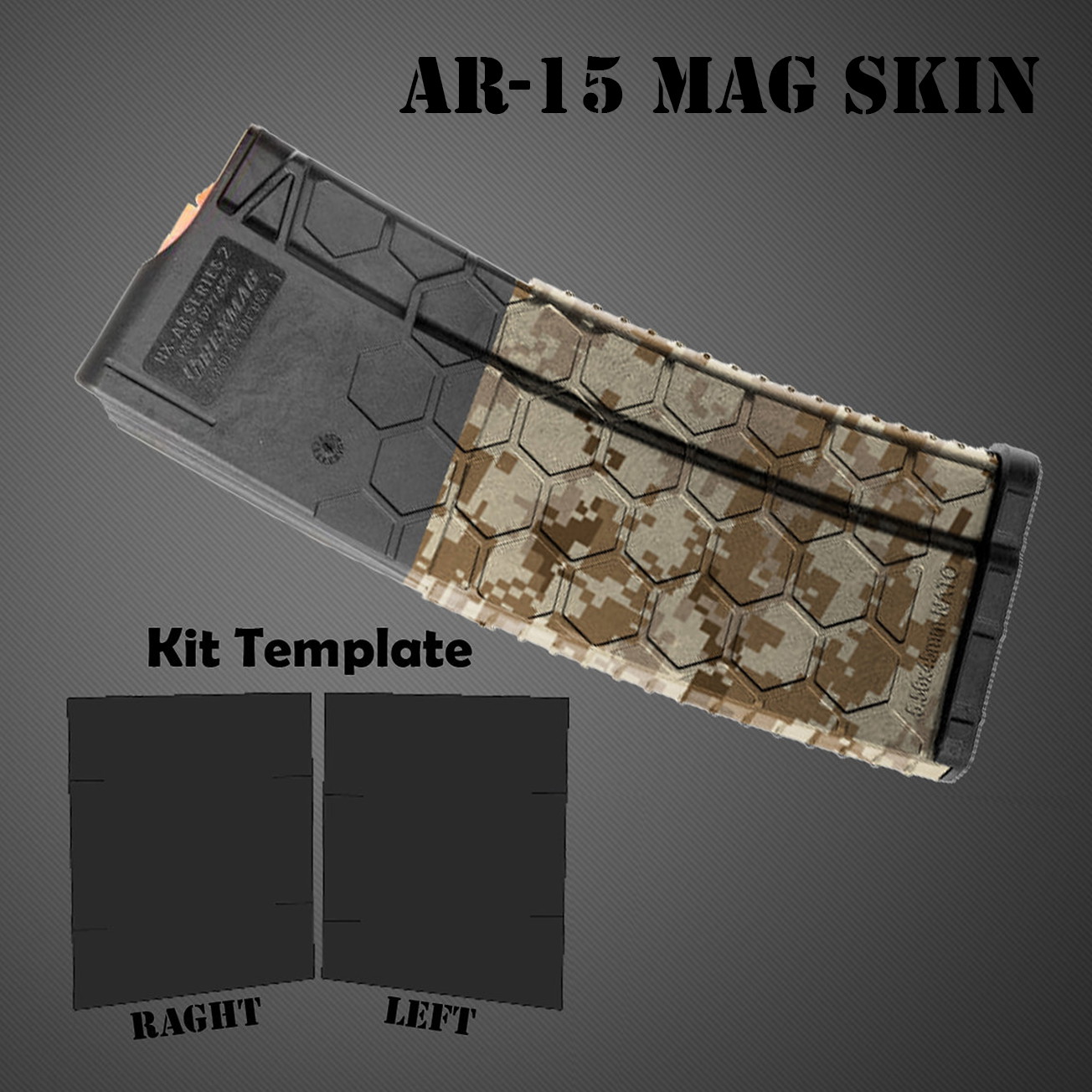 AR-15 Mag Skin in Tarnmuster mit Kit-Vorlage für rechte und linke Seite auf grauem Hintergrund.