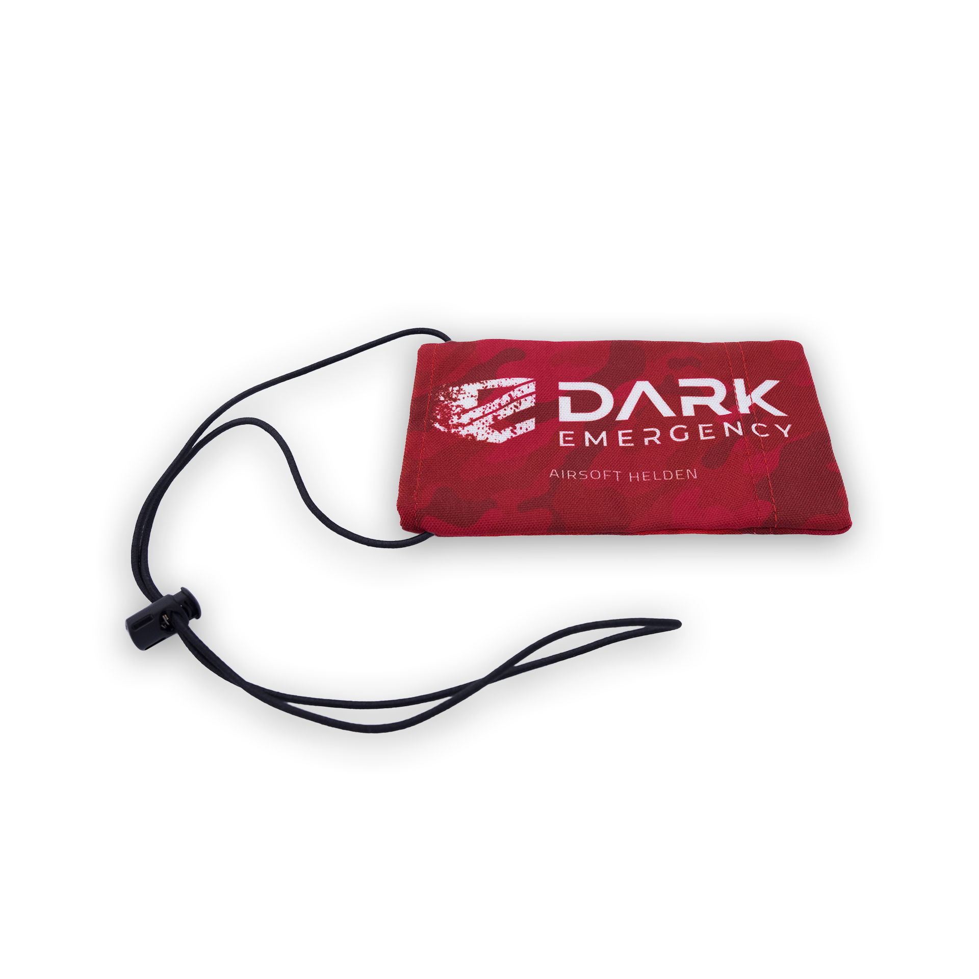 Rotes Dead Rag mit "Dark Emergency" Logo und schwarzer Kordel, für Airsoft-Spiele.