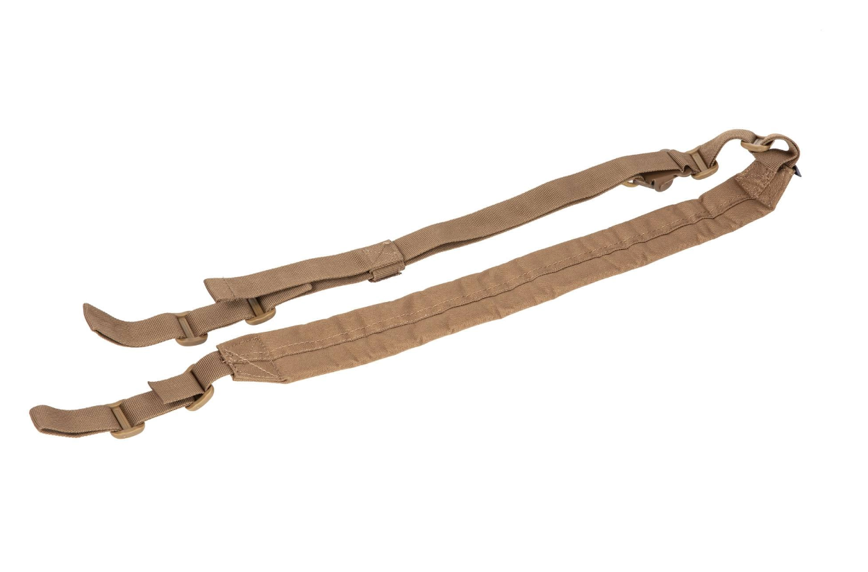 Ein brauner Airsoft-Gewehrriemen mit Haken und verstellbaren Riemen zur Befestigung an der Waffe.