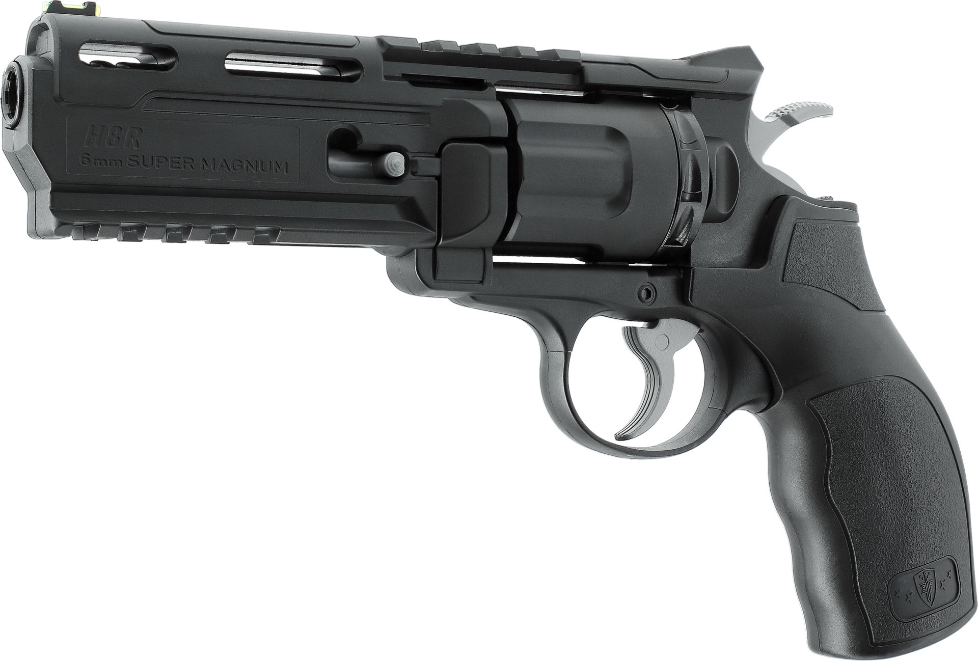 Schwarzer Airsoft-Revolver mit 6-mm-Lauf und strukturiertem Griff, H8R 6mm Super Magnum Gravur.