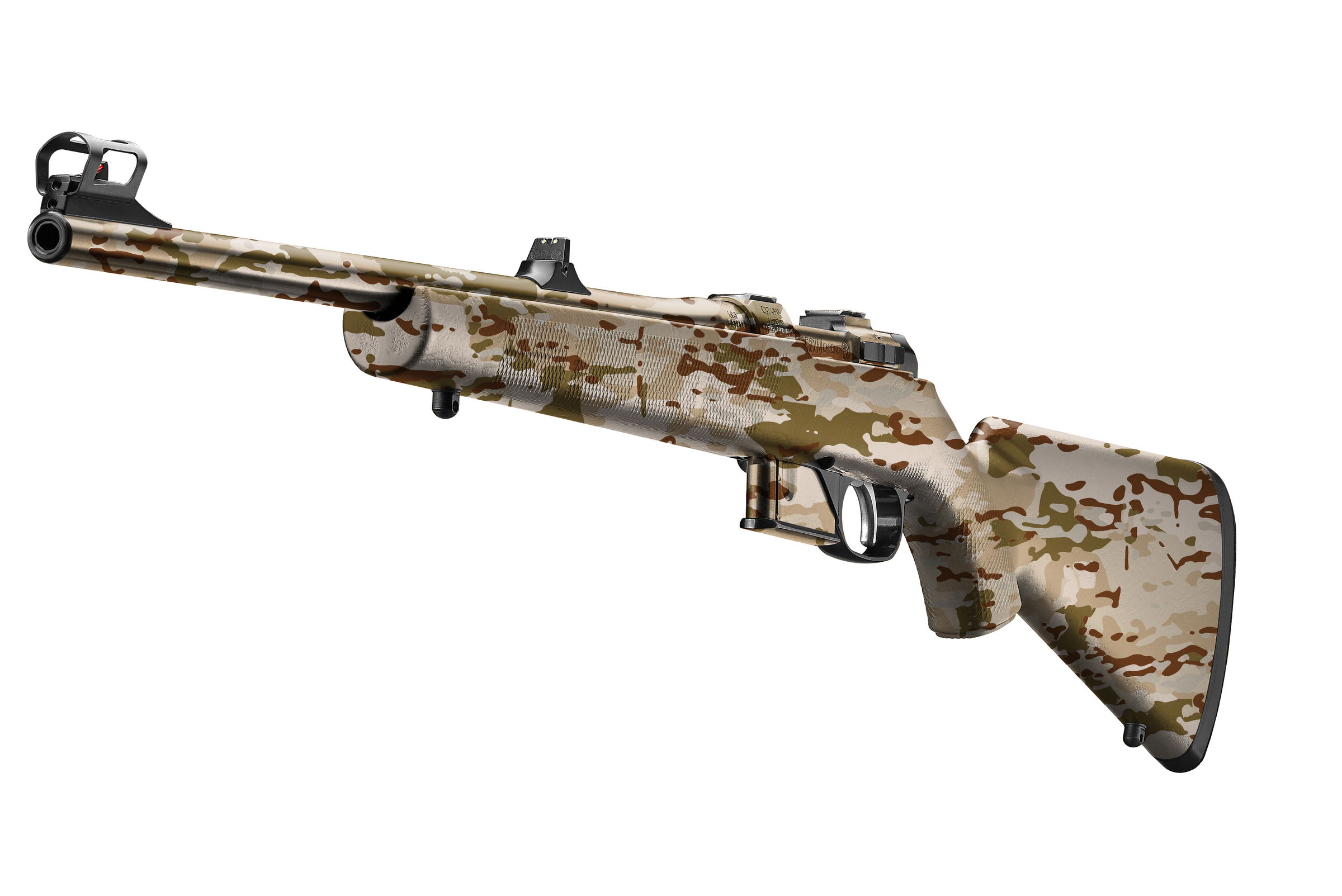 Airsoft-Scharfschützengewehr mit Tarnmuster, Seitensicht, detaillierte Visierung.