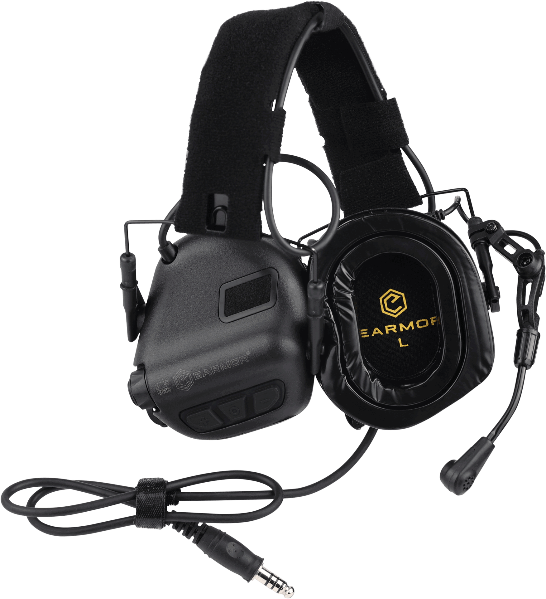 Schwarzes taktisches Headset mit Mikrofon und Kabel, ideal für Airsoft-Kommunikation.
