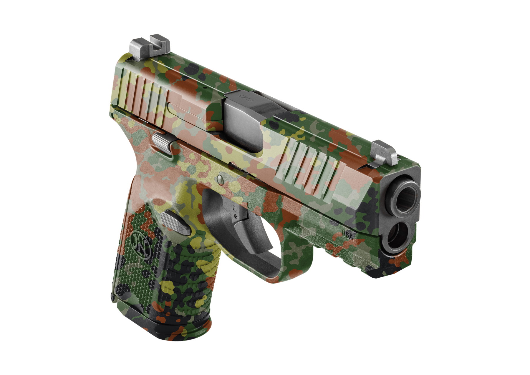 Airsoft-Pistole im Tarnmuster, kompakt und taktisch gestaltet für realistische Simulationen.