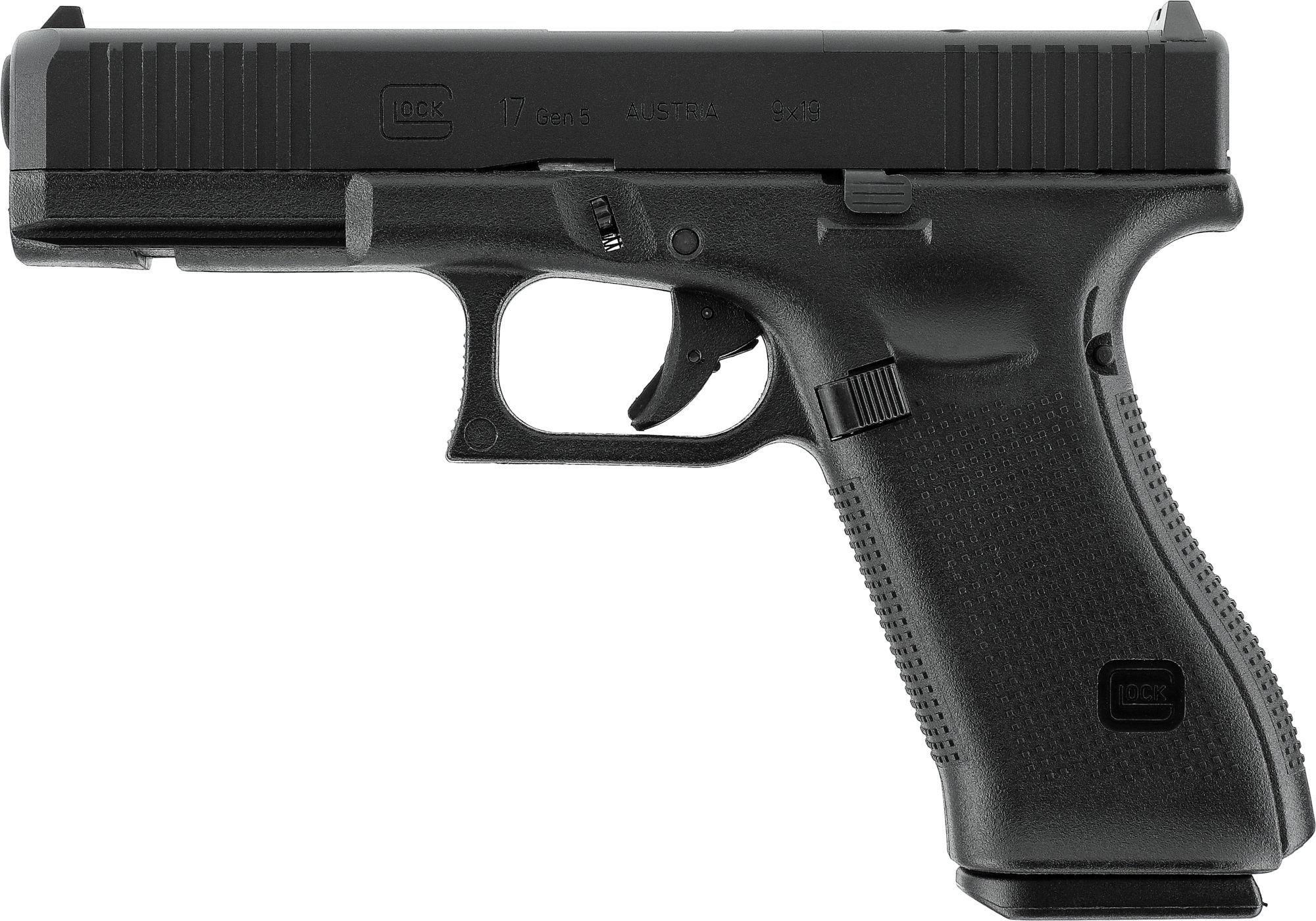 Schwarze Airsoft-Pistole im seitlichen Profil, kompakte Bauweise, strukturierter Griff.