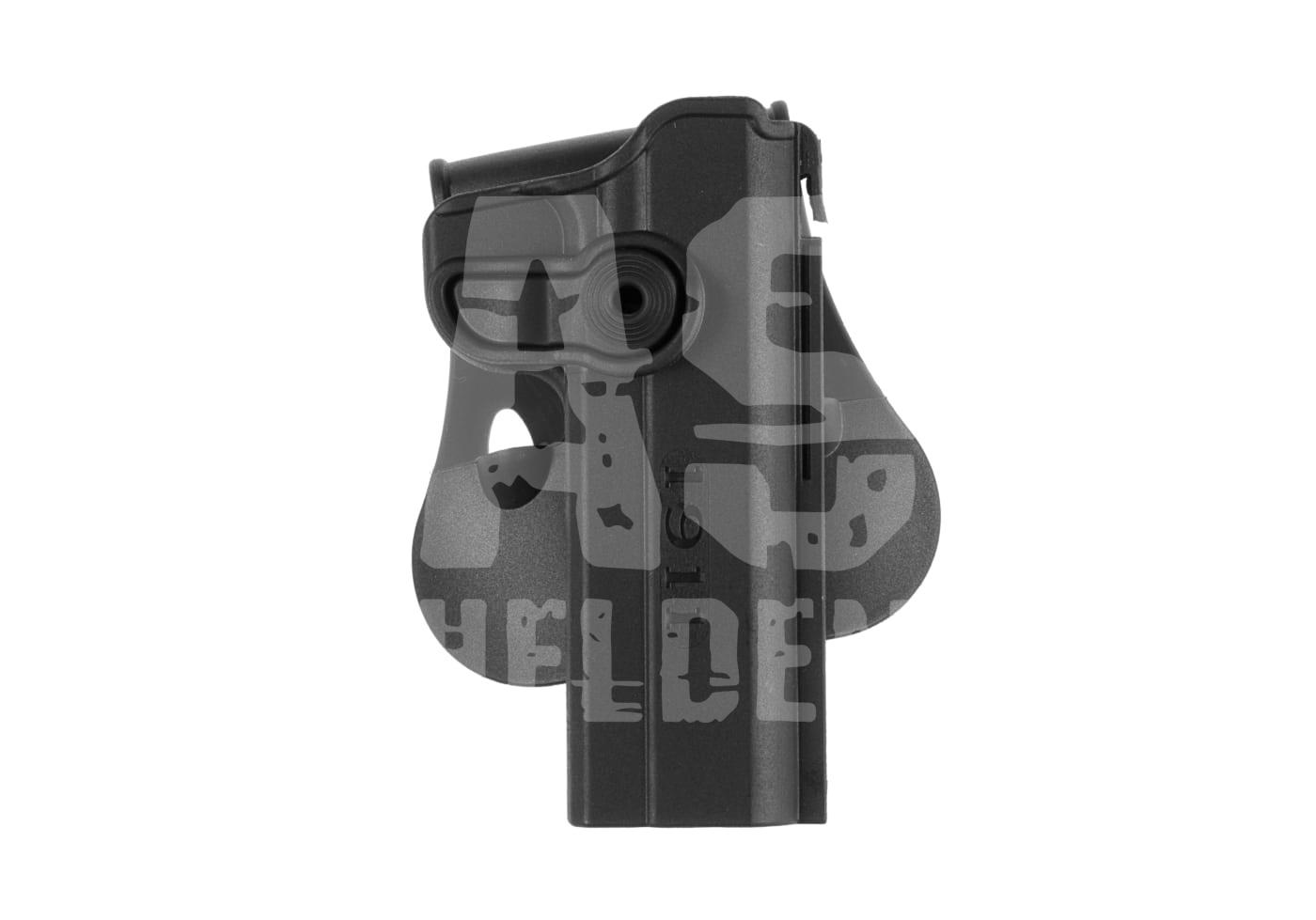 Schwarzes Pistolenholster mit Gürtelclip für Airsoft.