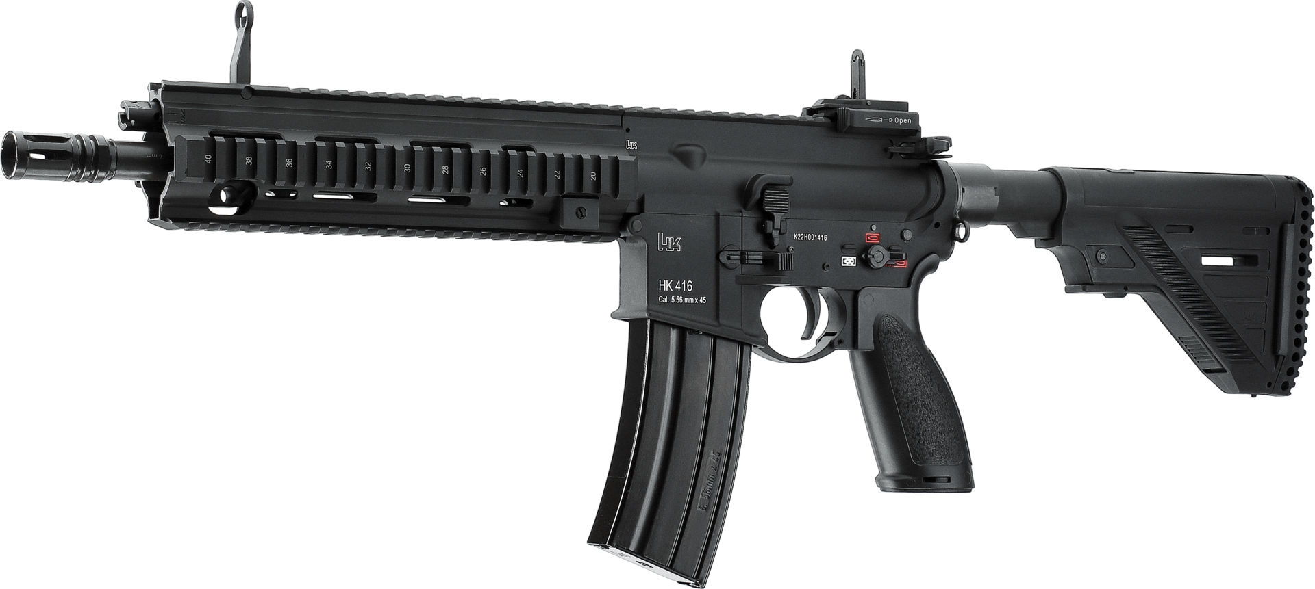Airsoft HK 416 Gewehr, schwarz, realistisches Design, taktische Schiene, verstellbare Schulterstütze.