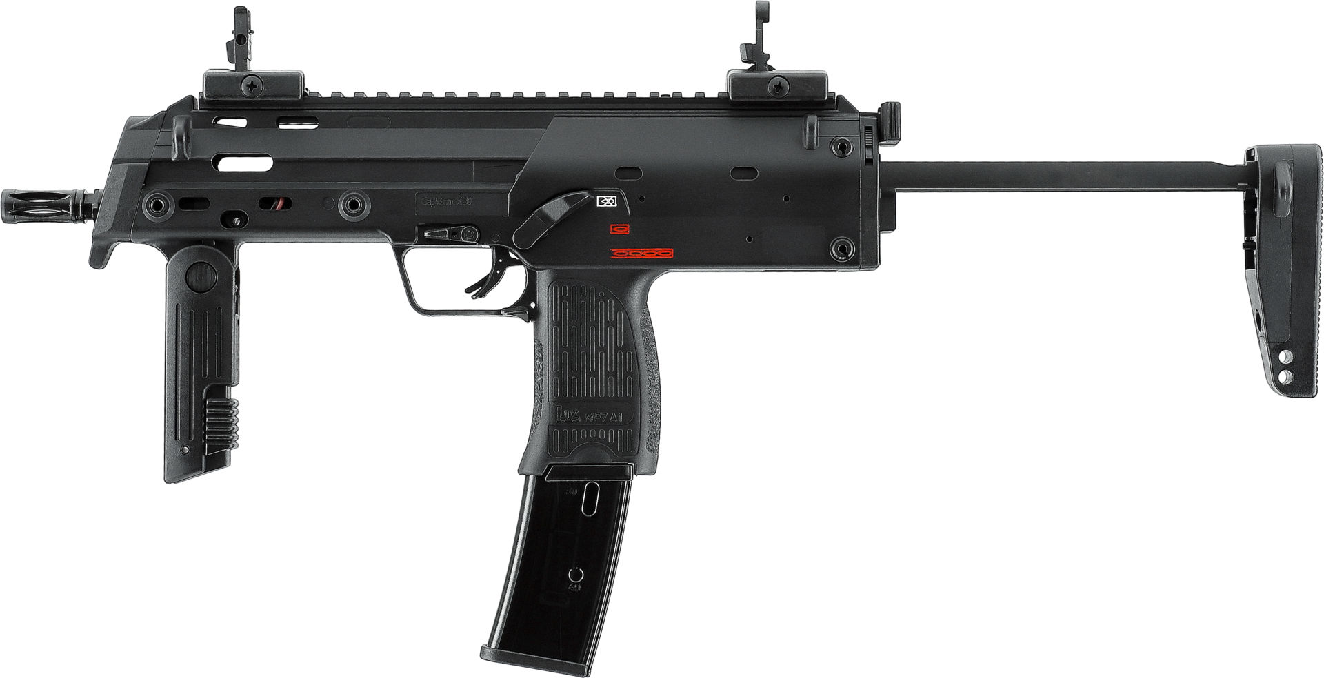 Schwarze Airsoft-Maschinenpistole mit Klappschaft und Magazin in Seitenansicht.