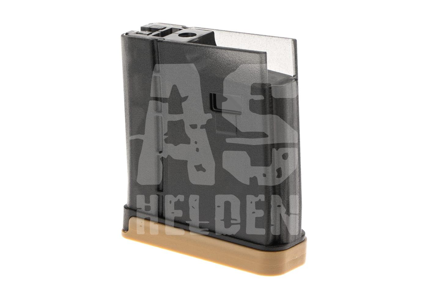 Schwarzes Airsoft-Magazin mit sandfarbenem Boden, halbtransparentem Design und "AS Helden" Schriftzug.