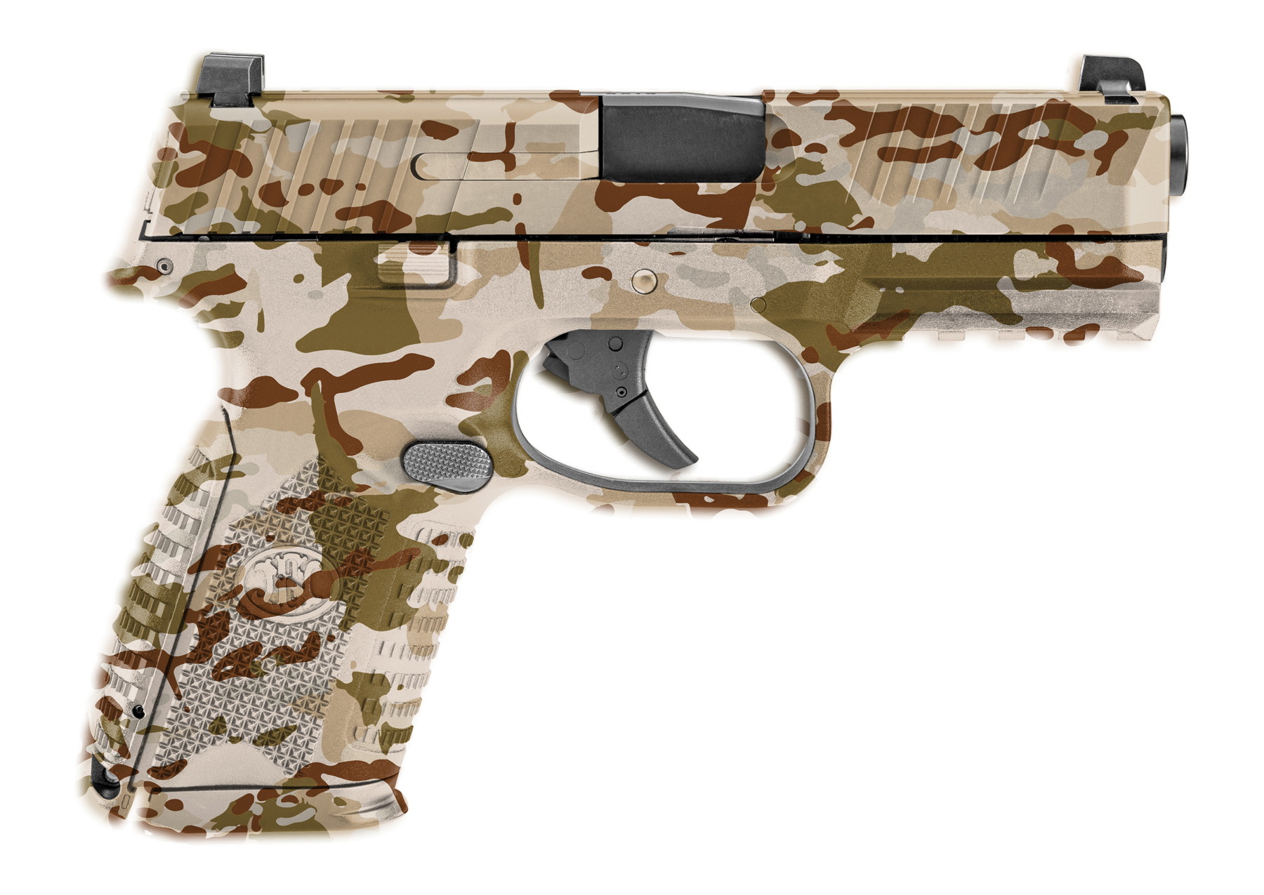 Tarnmuster-Pistole, kompakt, mit strukturiertem Griff und Abzugsschutz, ideal für Airsoft-Spiele.