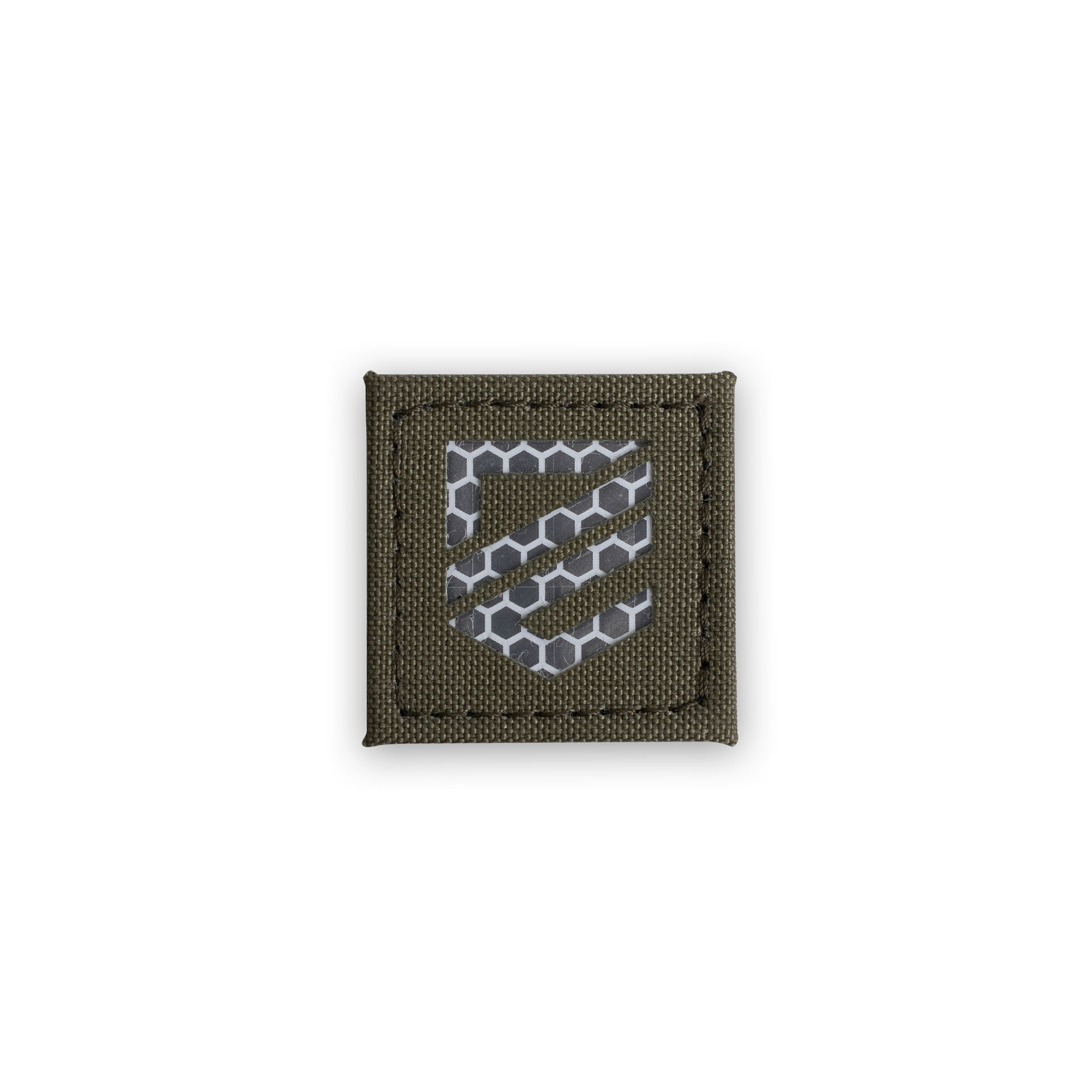 Dark Emergency - Laser Cut Patch klein Olivgrüner Airsoft-Patch mit grauem, wabenförmigem Muster und stilisiertem Emblem.