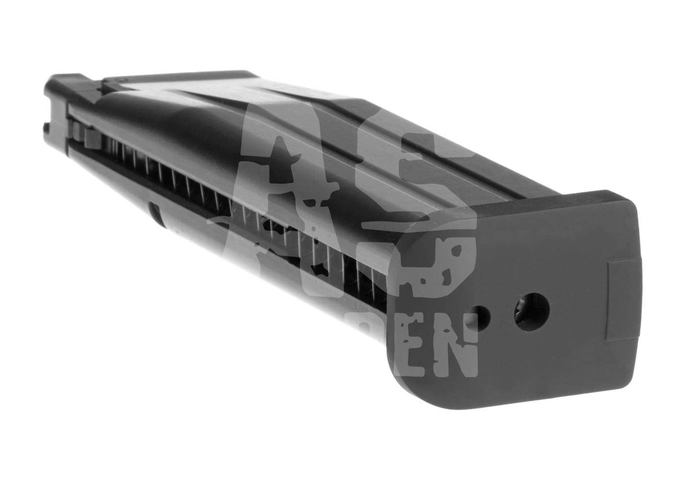 Schwarzes Airsoft-Magazin in Nahaufnahme, seitliche Ansicht, lädt BBs, robustes Design.