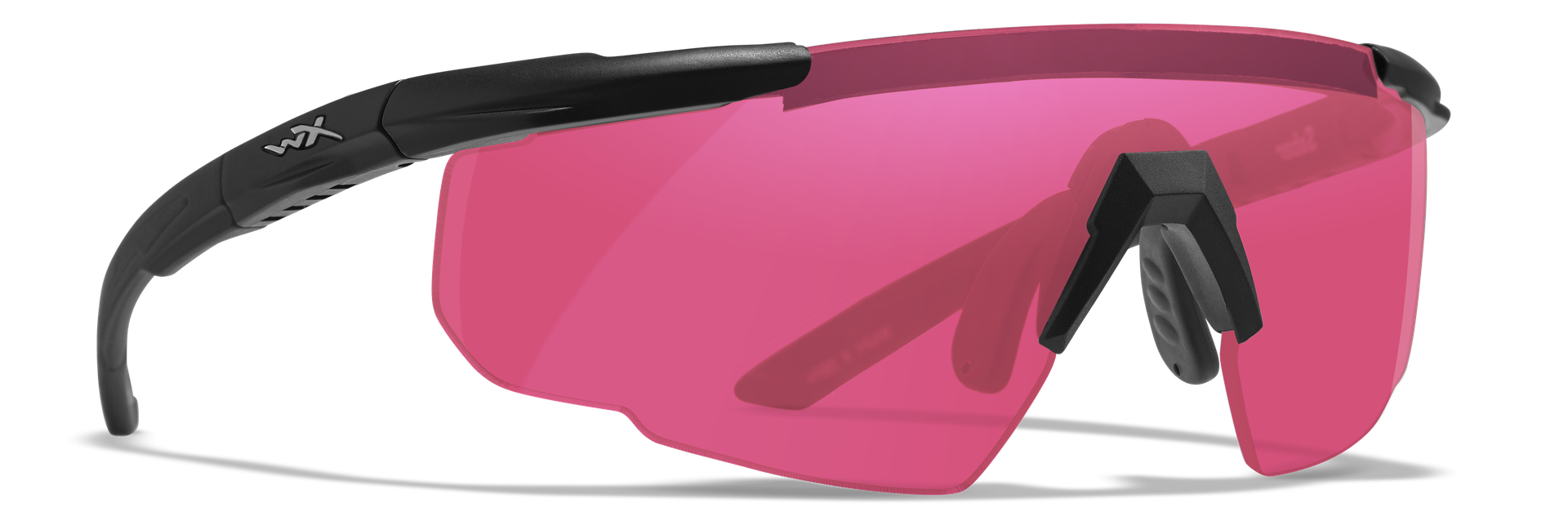 Sportliche Sonnenbrille mit pinkem Glas und schwarzem Rahmen.