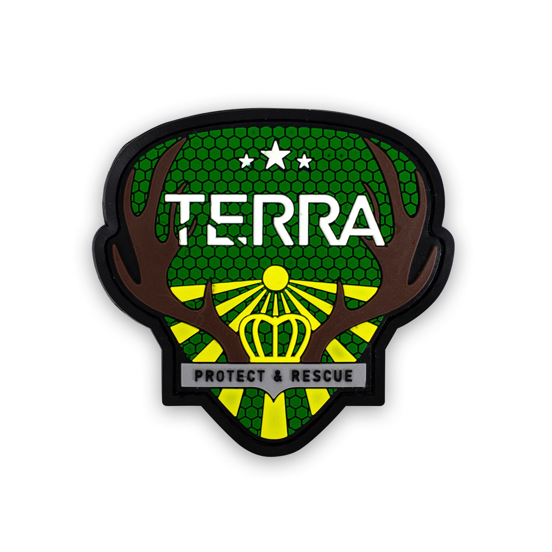 Airsoft-Abzeichen "TERRA" mit Geweih, grünem Hexagonmuster und der Aufschrift "Protect & Rescue".