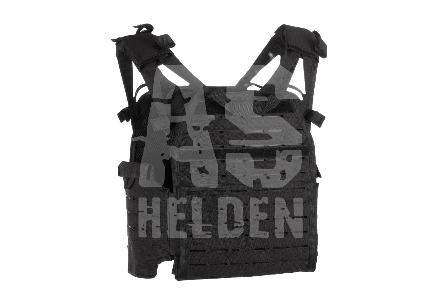 Schwarze Airsoft-Weste mit MOLLE-System, verstellbaren Schulterriemen und seitlichen Schnallen.