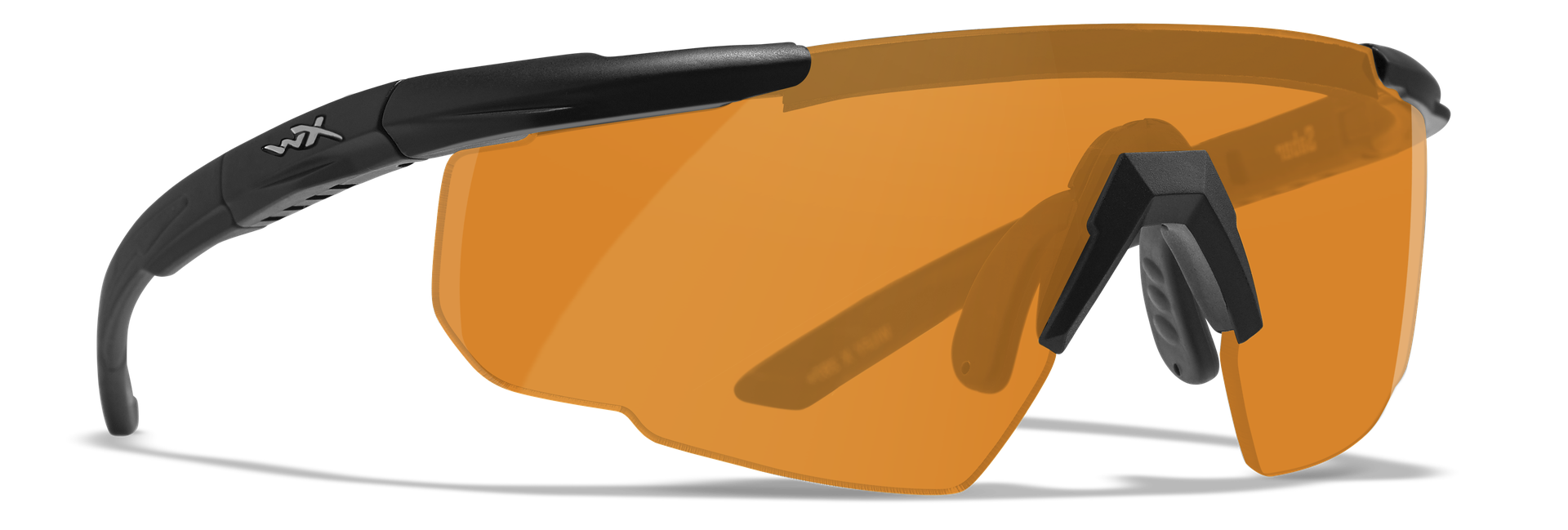 Schutzbrille mit orangefarbenen Gläsern und schwarzem Rahmen.