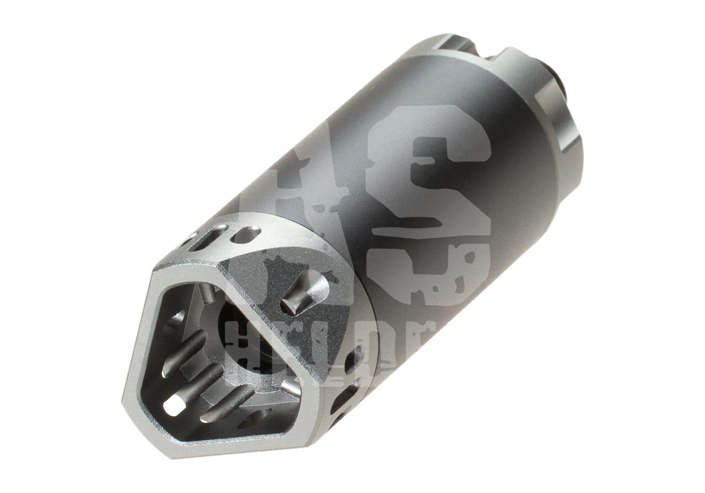 Sechseckiger Airsoft-Mündungsfeuerdämpfer, Silber und Schwarz, mit Belüftungsöffnungen.