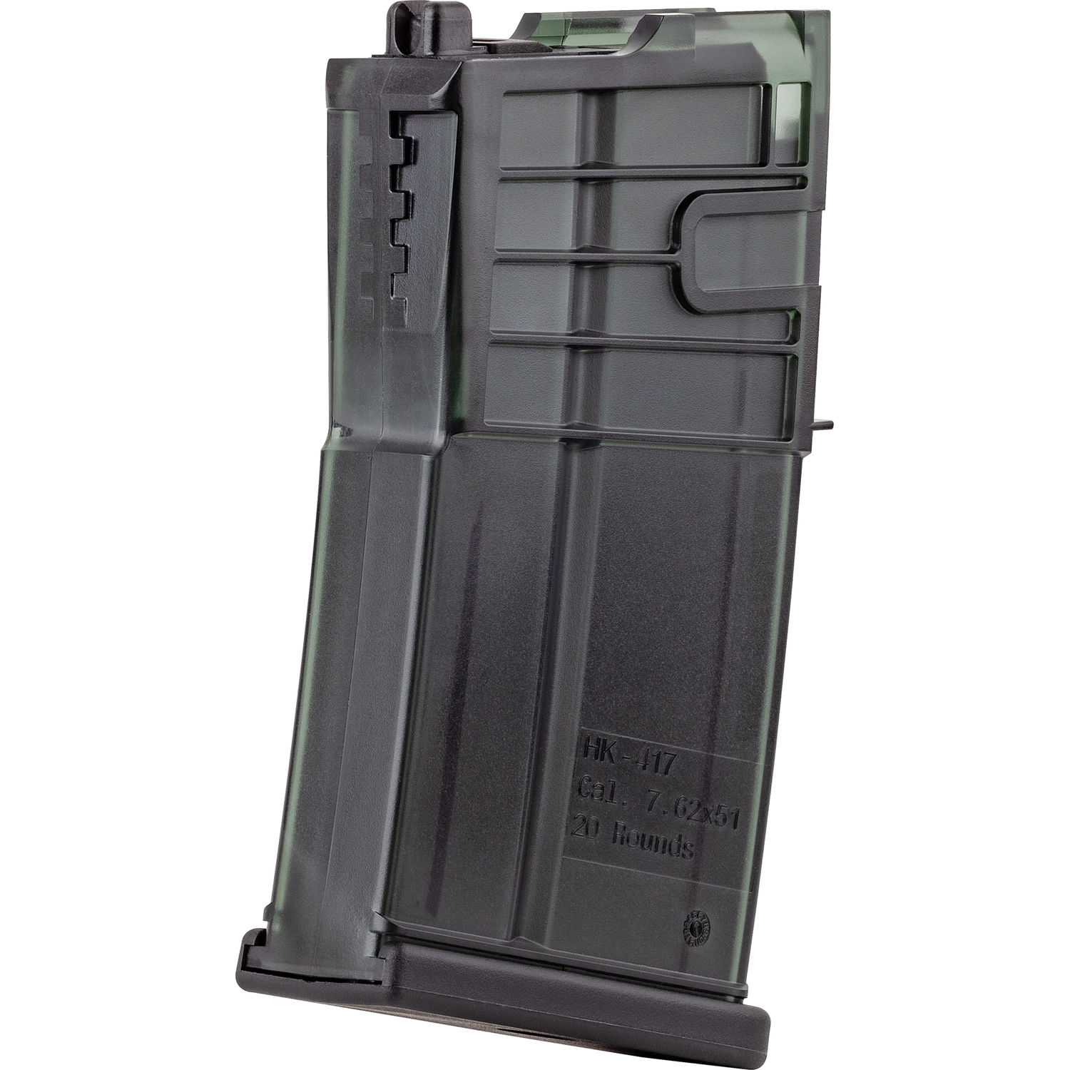 Airsoft-Magazin für HK417, 7,62 mm, 20 Schuss Kapazität, schwarzes Design.