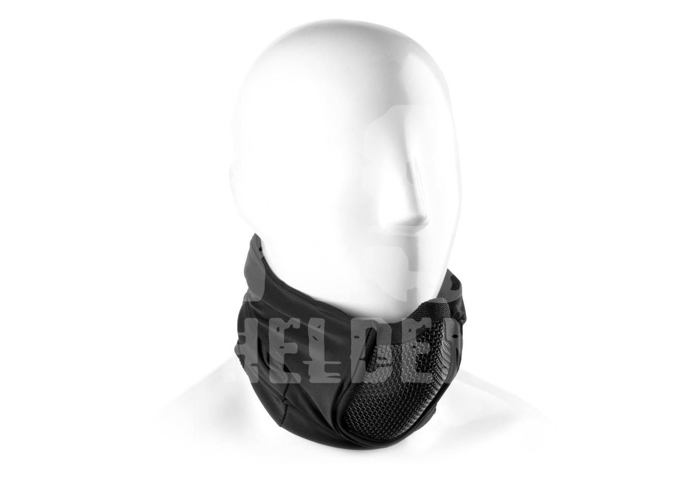 Schwarze Airsoft-Gesichtsmaske mit Netzgitter auf weißem Kopfmodell.