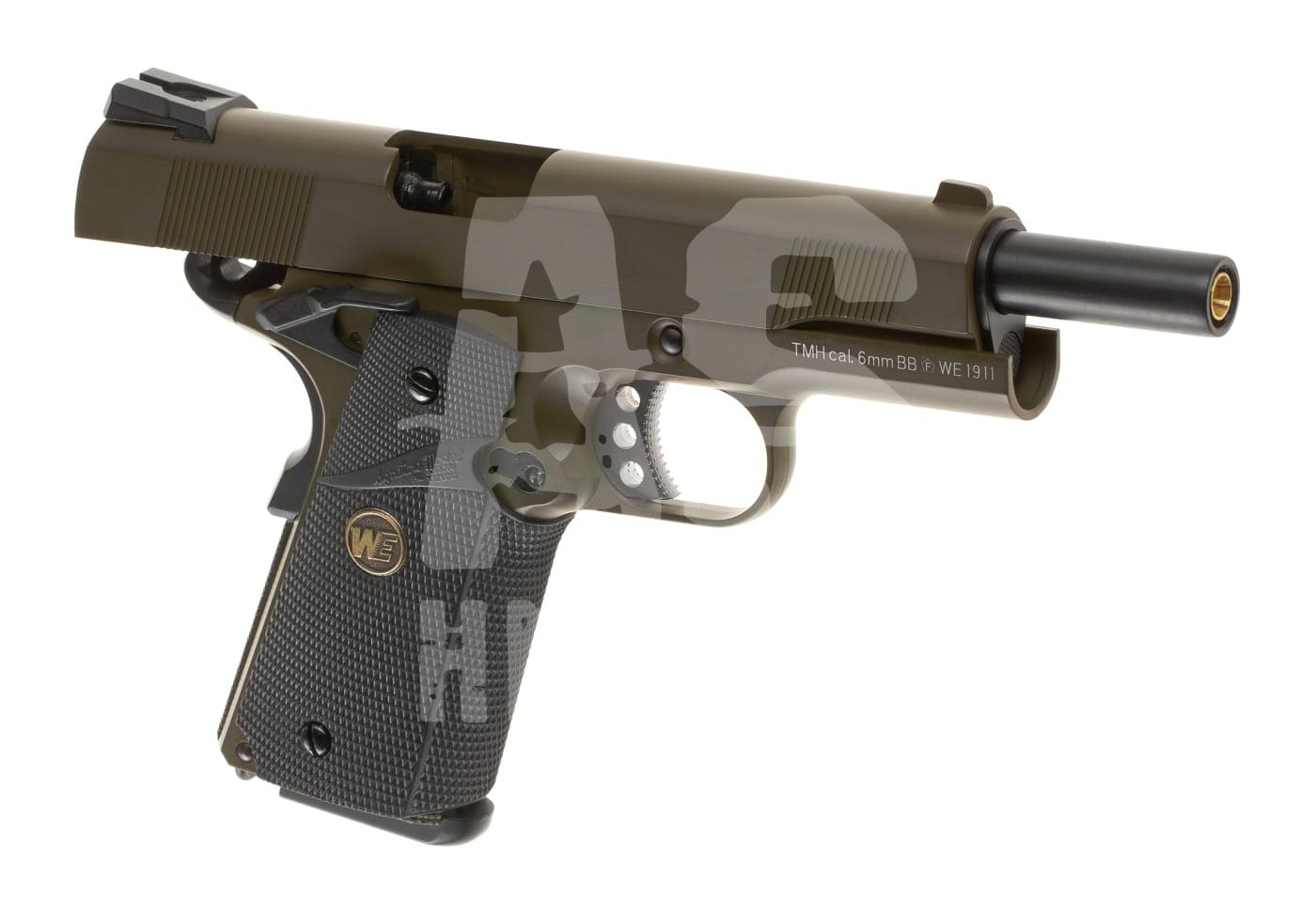 Airsoft-Pistole WE 1911, olivgrün, Kaliber 6mm BB, mit strukturiertem Griff.
