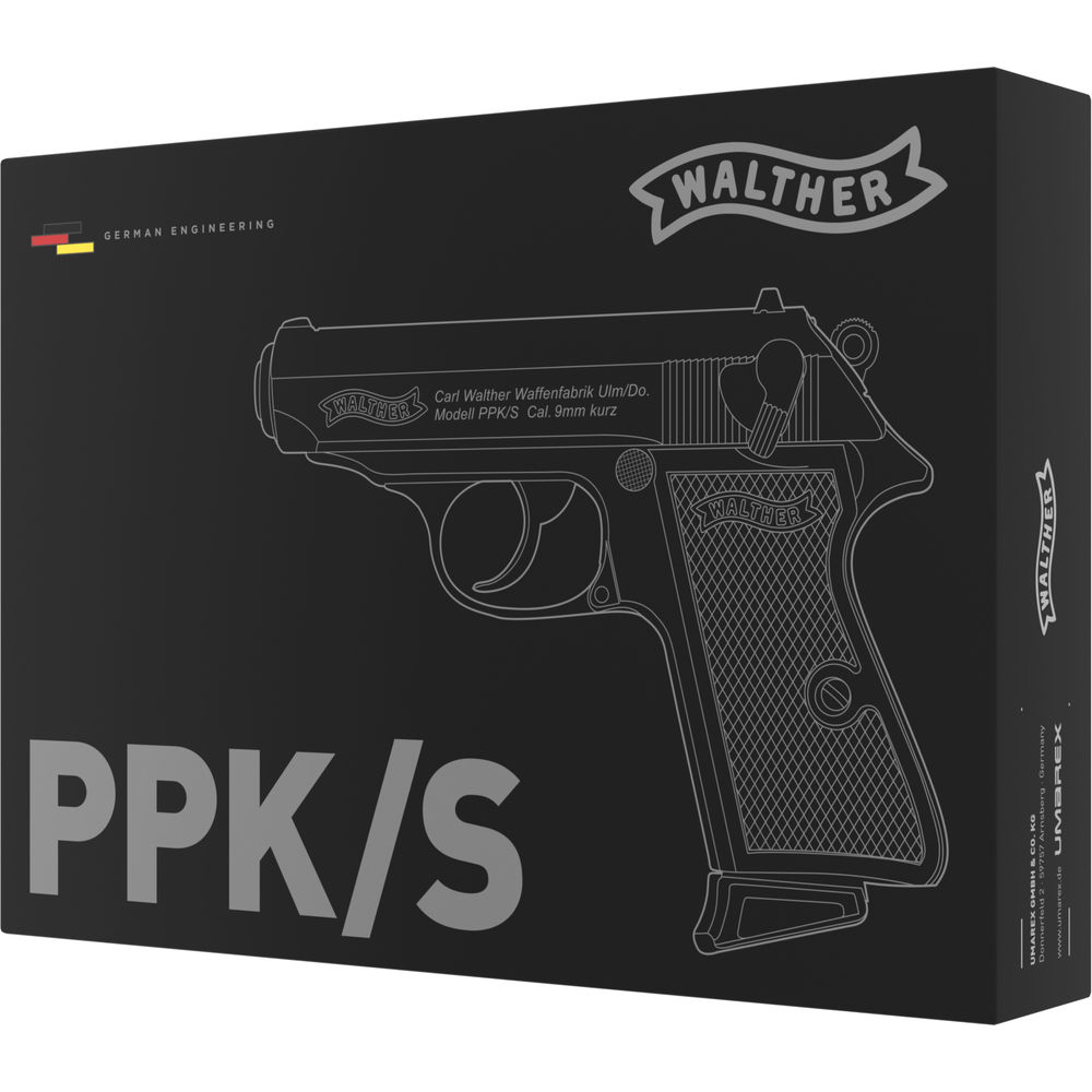 VFC Walther PPK/S GBB schwarz Schwarze Verpackung mit Walther PPK/S Grafik, 9mm Kurz, German Engineering Logo.