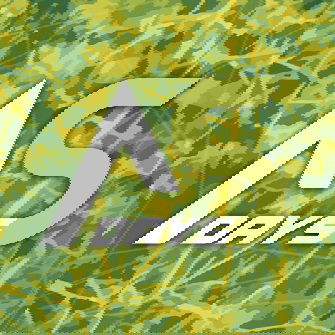 Grünes Tarnmuster mit stilisierten Buchstaben "AS" und dem Wort "DAYS" darunter.