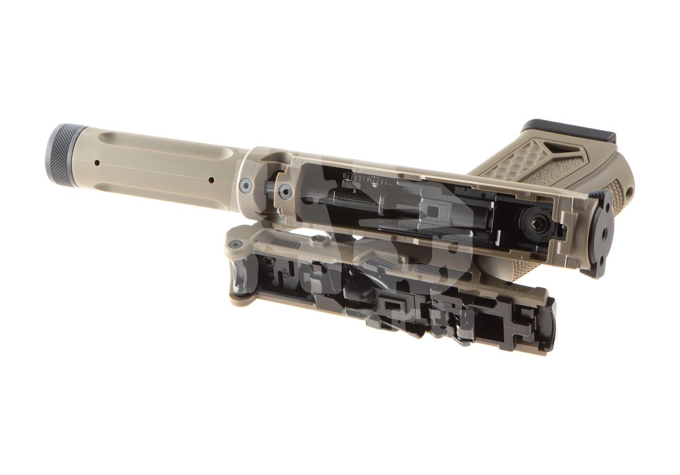 Klappbare Airsoft-Schulterstütze aus Polymer in Tan, Blick auf Innenmechanismus.