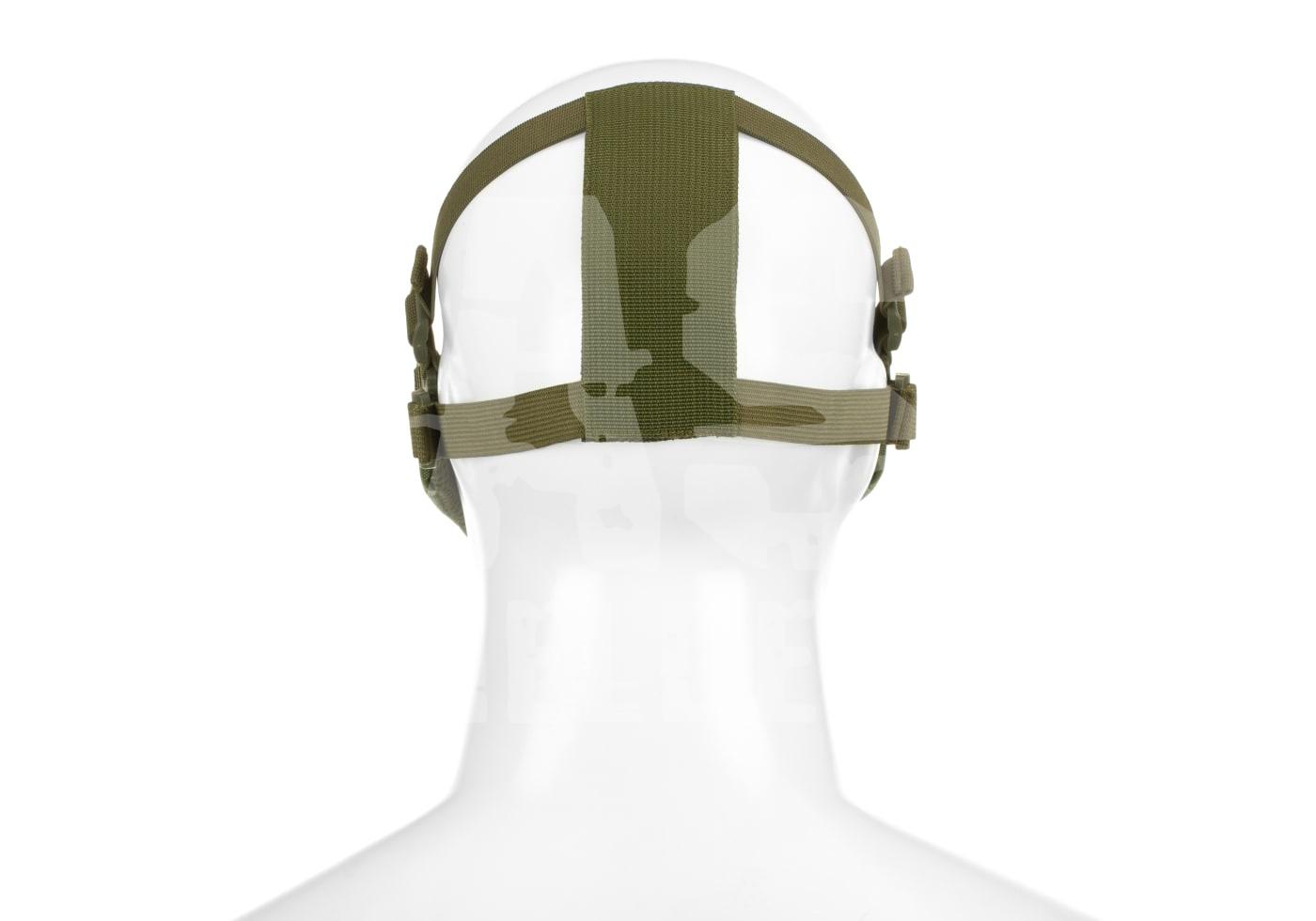 Mk.II Steel Half Face Mask Rückansicht eines Kopfriemens aus grünem Tarnstoff auf einem weißen Modellkopf.
