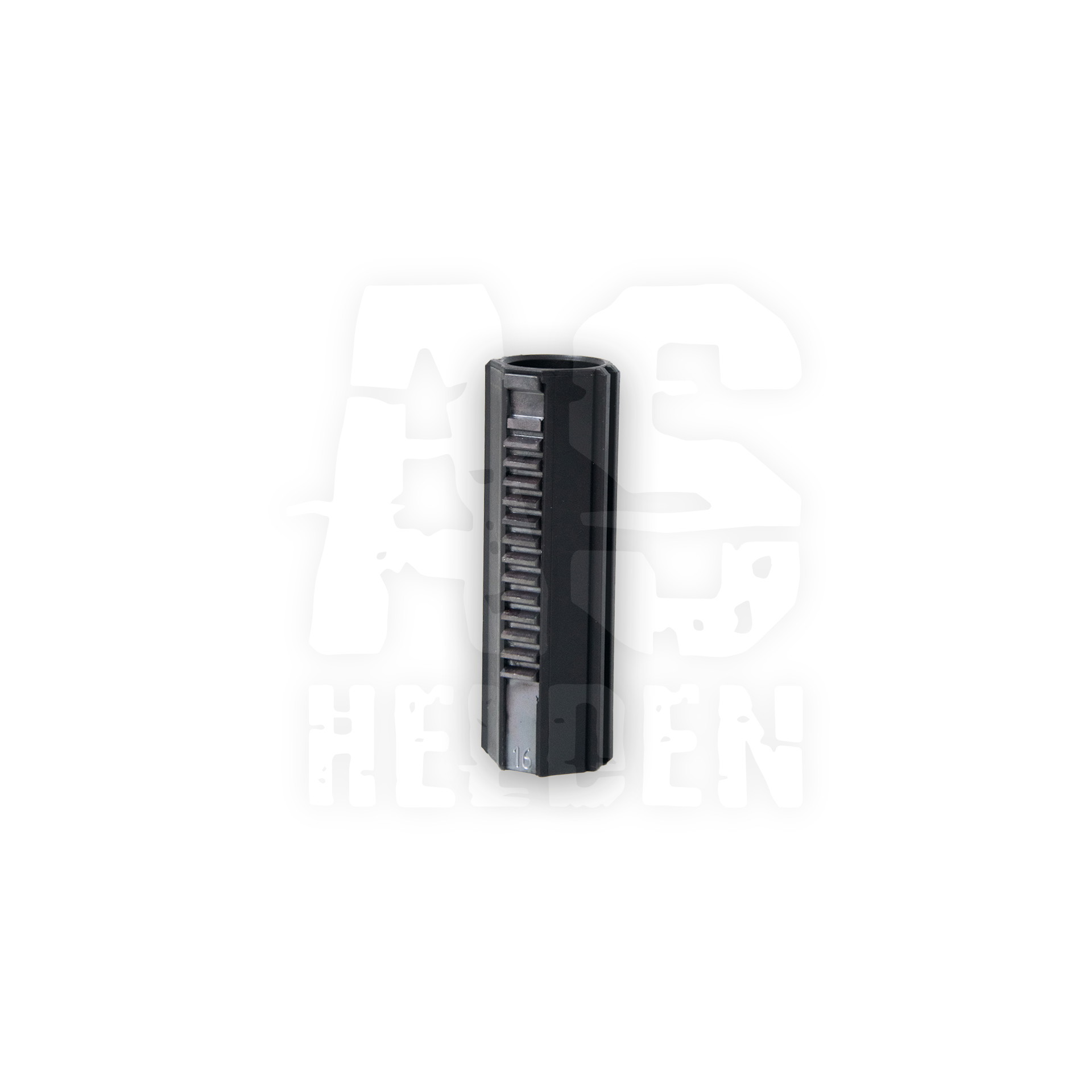 Schwarzer Airsoft-Zahnradkolben mit Metallzahnreihe auf weißem Hintergrund.