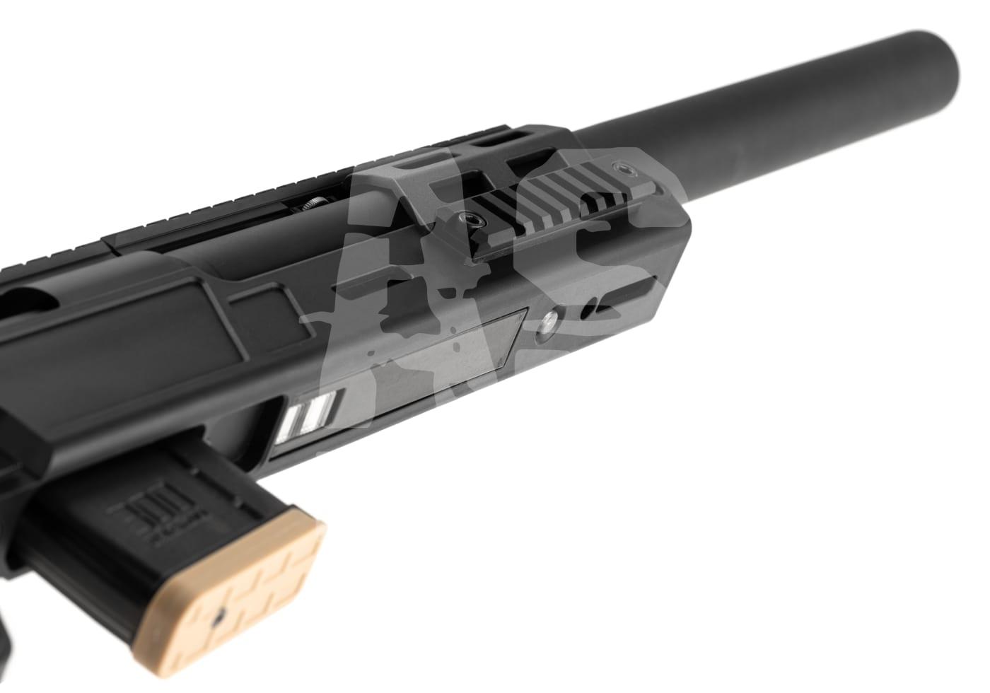 Archwick B&T SPR 300 Pro 2.8J - ab 18 Jahren Airsoft-Waffe mit langem Lauf und taktischer Schiene, Nahaufnahme.