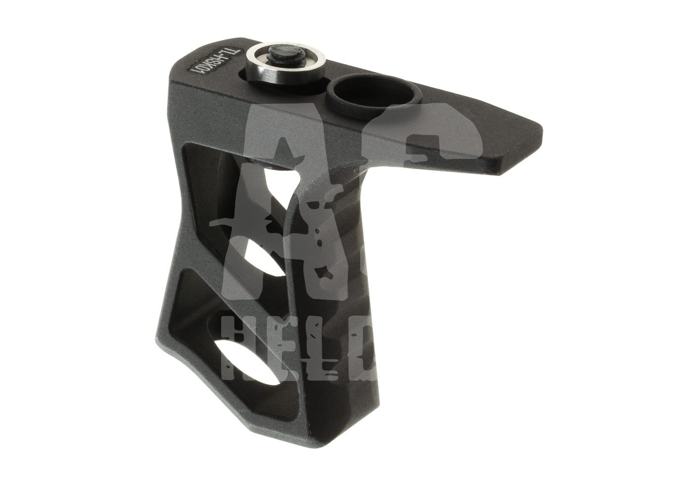 Schwarzer Airsoft-M-LOK-Handstopp aus Metall mit Rillen für besseren Halt.