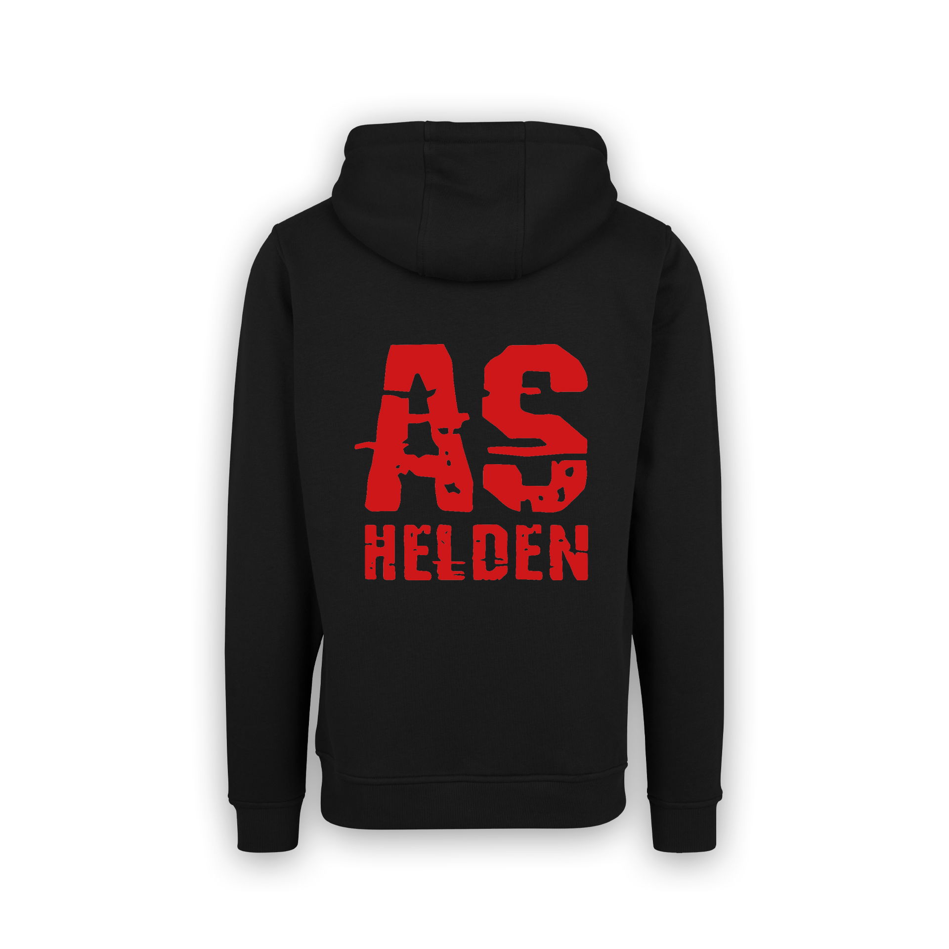 Schwarzer Hoodie mit rotem "AS HELDEN" Logo auf dem Rücken.