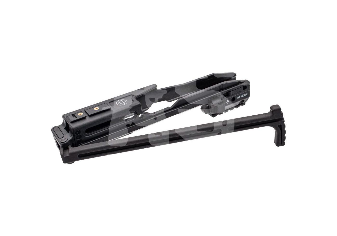 Klappschaft für Airsoft-Gewehr, schwarz, mit verstellbarer Länge und stabiler Konstruktion.