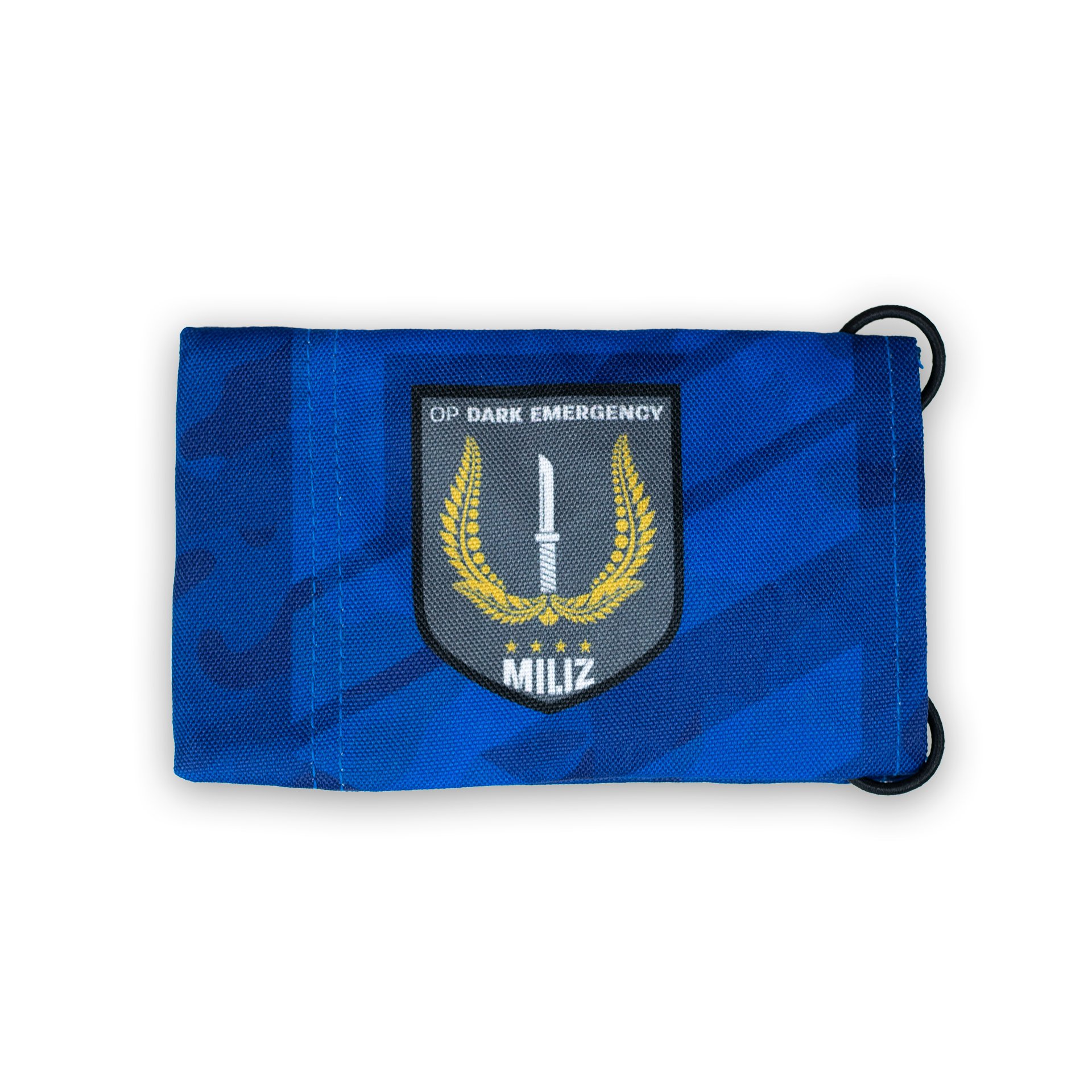 Blaue Airsoft-Armbinde mit "OP Dark Emergency" und "Miliz"-Wappen, Messer und Lorbeerkränze.